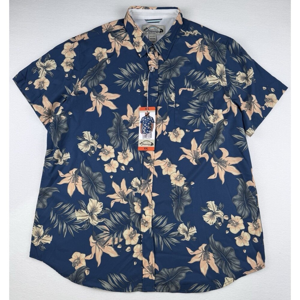 Seapointe Men's XXL Hawaiian Tropical Button-Up Shirt Short Sleeve Stretch Blue